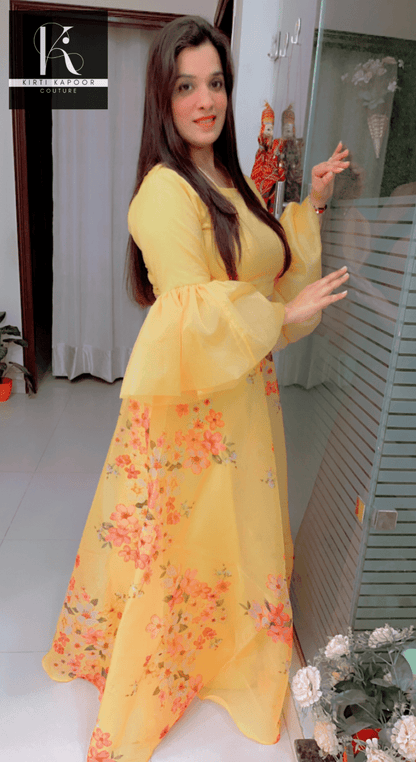 Designer Yellow Dress With Red Dupatta - Kirti Kapoor Couture