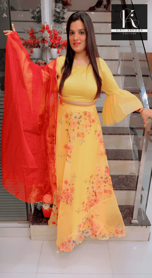 Designer Yellow Dress With Red Dupatta - Kirti Kapoor Couture