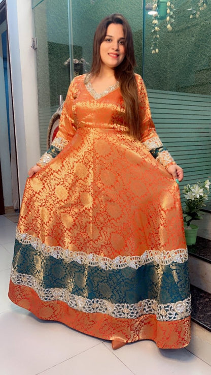 Duo - Coloured Brocade Gown with Jarkan Embroidered Work - Kirti Kapoor Couture