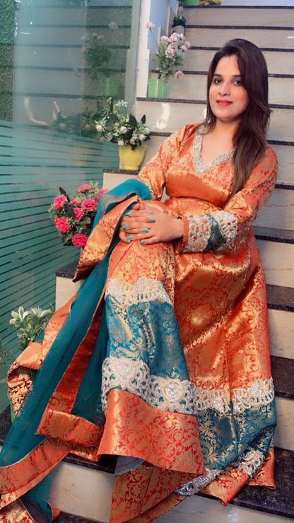 Duo - Coloured Brocade Gown with Jarkan Embroidered Work - Kirti Kapoor Couture