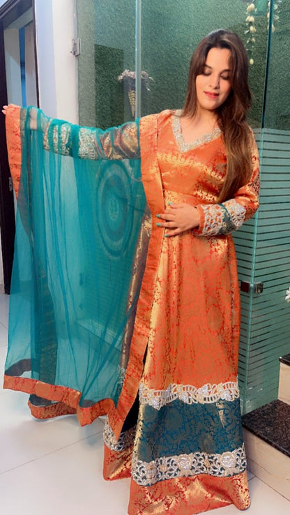 Duo - Coloured Brocade Gown with Jarkan Embroidered Work - Kirti Kapoor Couture