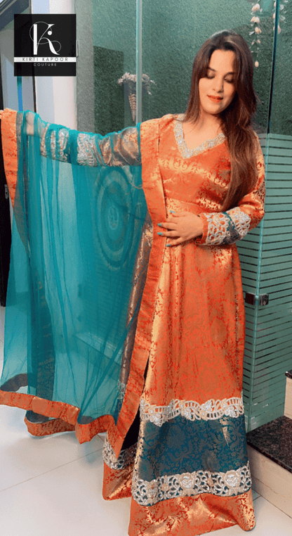 Duo - Coloured Brocade Gown with Jarkan Embroidered Work - Kirti Kapoor Couture