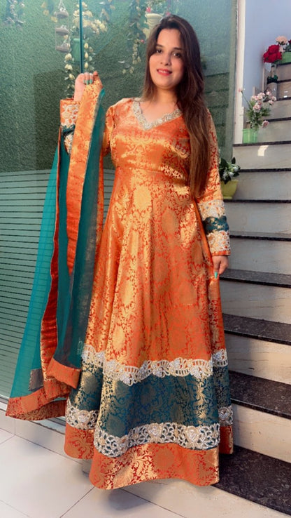 Duo - Coloured Brocade Gown with Jarkan Embroidered Work - Kirti Kapoor Couture