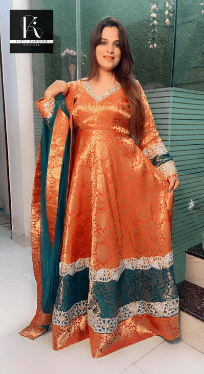 Duo - Coloured Brocade Gown with Jarkan Embroidered Work - Kirti Kapoor Couture