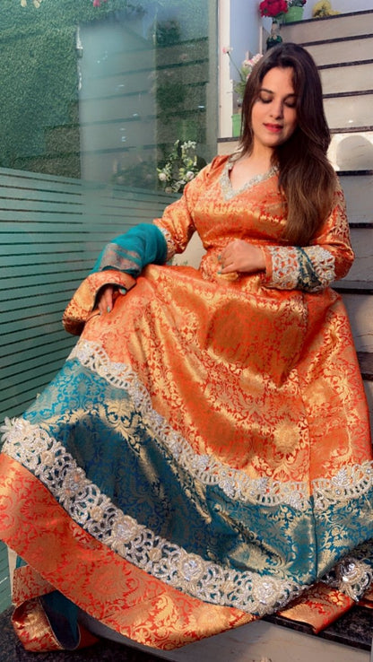 Duo - Coloured Brocade Gown with Jarkan Embroidered Work - Kirti Kapoor Couture