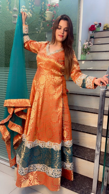 Duo - Coloured Brocade Gown with Jarkan Embroidered Work - Kirti Kapoor Couture