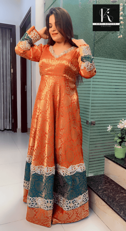 Duo - Coloured Brocade Gown with Jarkan Embroidered Work - Kirti Kapoor Couture