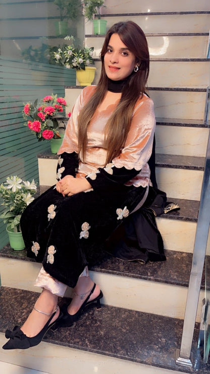 Duo - Coloured Designer Silk Velvet Suit with Patch - Work - Kirti Kapoor Couture