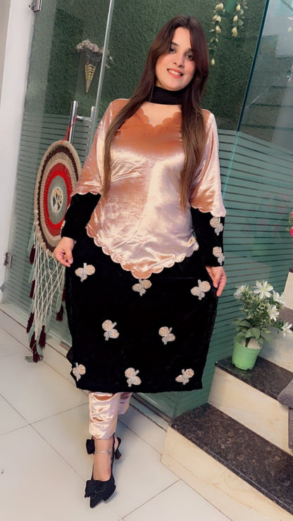 Duo - Coloured Designer Silk Velvet Suit with Patch - Work - Kirti Kapoor Couture