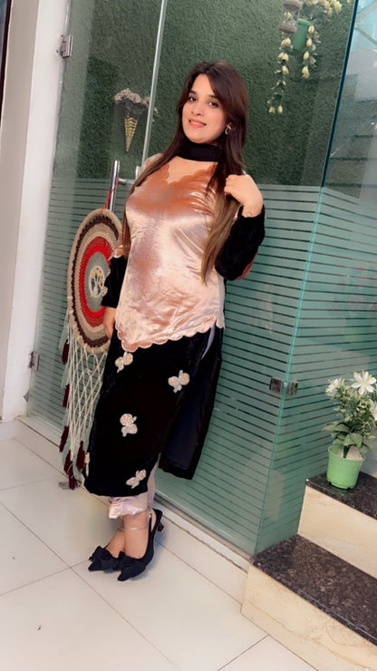 Duo - Coloured Designer Silk Velvet Suit with Patch - Work - Kirti Kapoor Couture