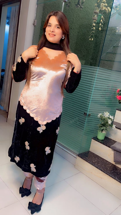 Duo - Coloured Designer Silk Velvet Suit with Patch - Work - Kirti Kapoor Couture