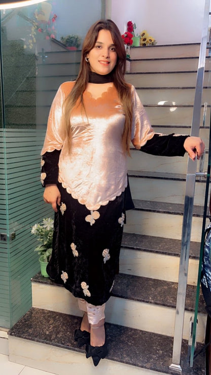 Duo - Coloured Designer Silk Velvet Suit with Patch - Work - Kirti Kapoor Couture