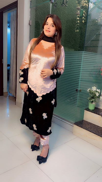 Duo - Coloured Designer Silk Velvet Suit with Patch - Work - Kirti Kapoor Couture