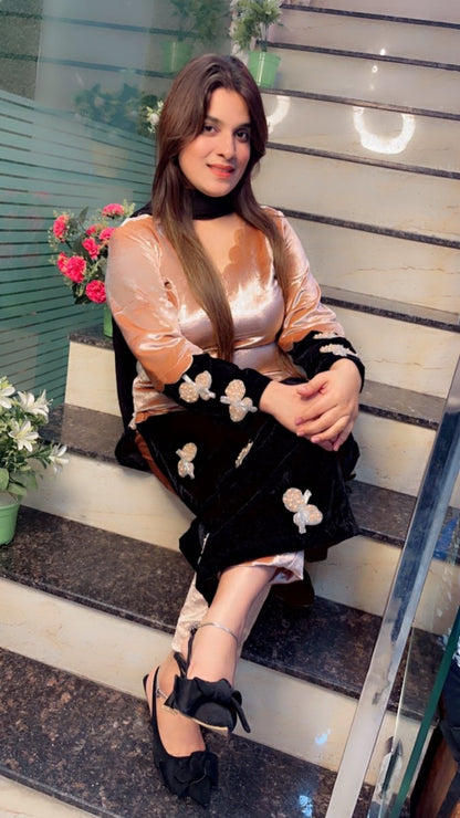 Duo - Coloured Designer Silk Velvet Suit with Patch - Work - Kirti Kapoor Couture