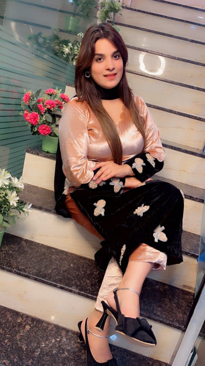 Duo - Coloured Designer Silk Velvet Suit with Patch - Work - Kirti Kapoor Couture