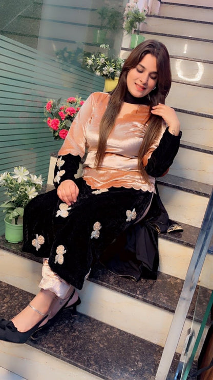 Duo - Coloured Designer Silk Velvet Suit with Patch - Work - Kirti Kapoor Couture