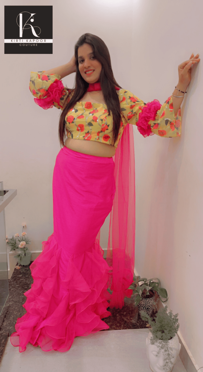 Elegant Floral Top With Frilled Pink Skirt - Kirti Kapoor Couture