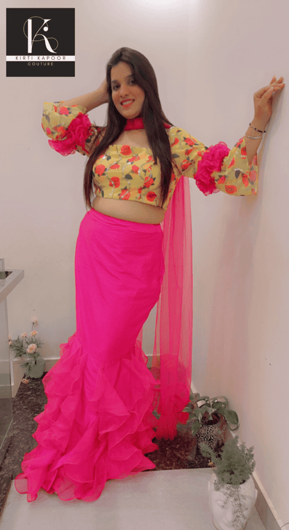 Elegant Floral Top With Frilled Pink Skirt - Kirti Kapoor Couture