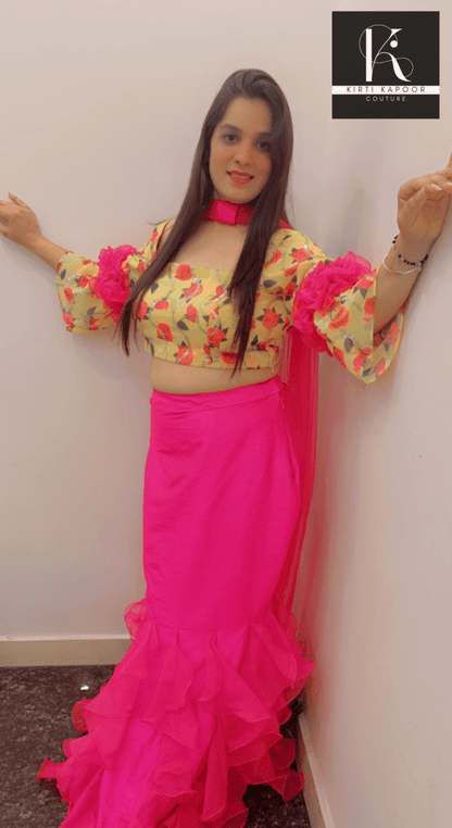 Elegant Floral Top With Frilled Pink Skirt - Kirti Kapoor Couture