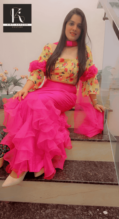 Elegant Floral Top With Frilled Pink Skirt - Kirti Kapoor Couture