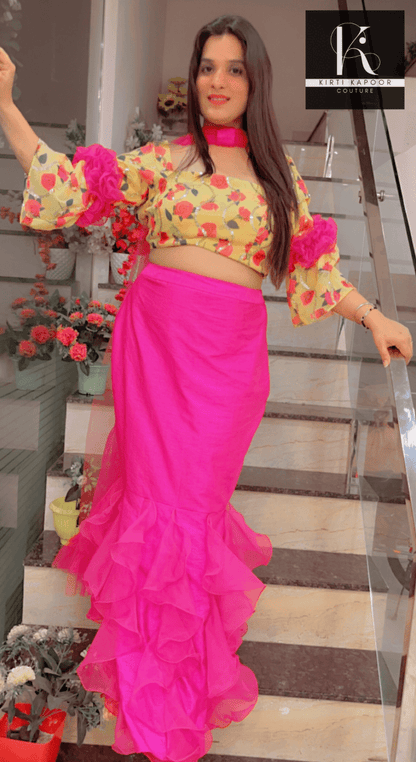 Elegant Floral Top With Frilled Pink Skirt - Kirti Kapoor Couture