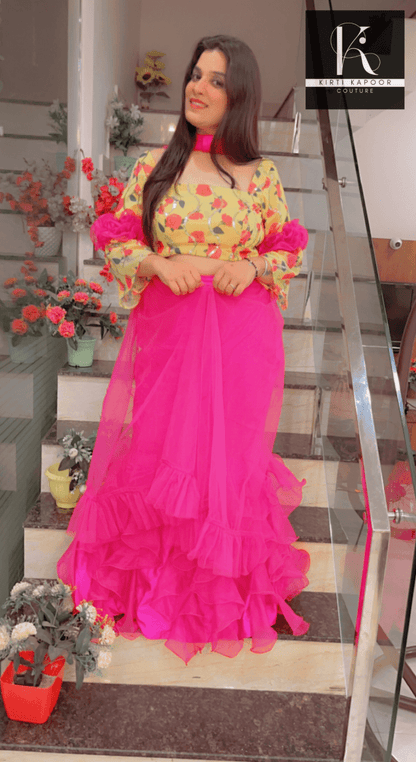 Elegant Floral Top With Frilled Pink Skirt - Kirti Kapoor Couture