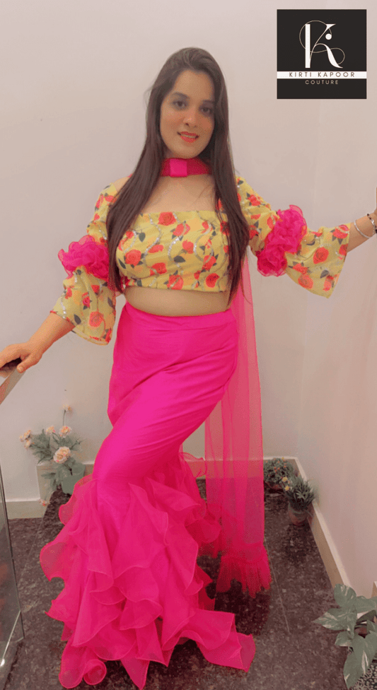 Elegant Floral Top With Frilled Pink Skirt - Kirti Kapoor Couture