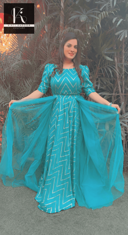 Elegant Wedding Dress - Teal Color With Gold Zig - zag - Kirti Kapoor Couture