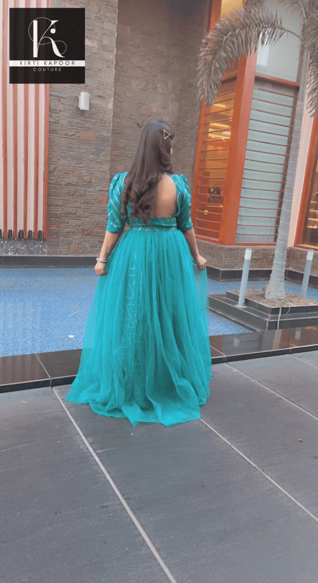 Elegant Wedding Dress Teal Color With Gold Zig-zag Kirti Kapoor Couture