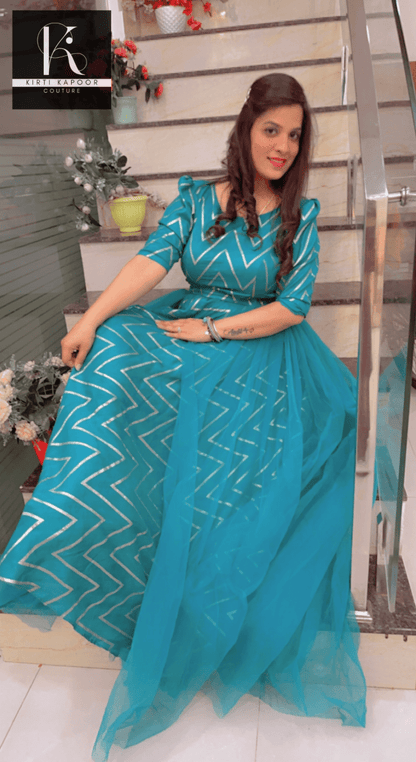 Elegant Wedding Dress - Teal Color With Gold Zig - zag - Kirti Kapoor Couture