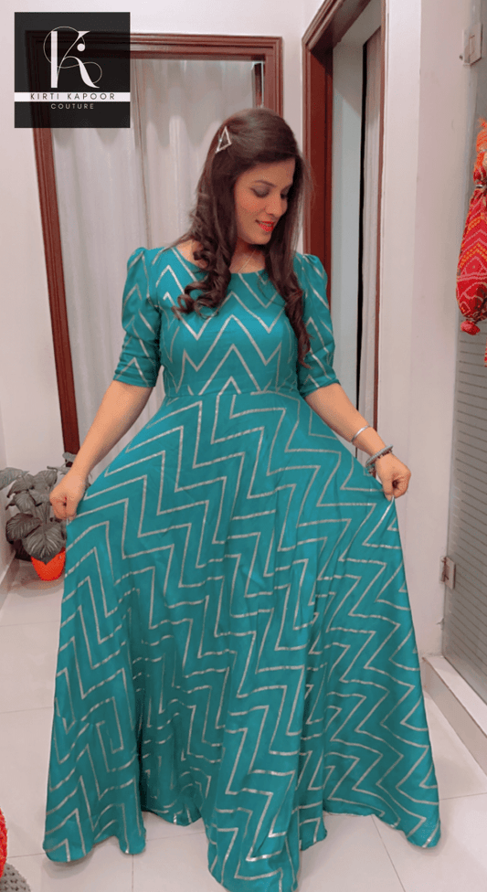 Elegant Wedding Dress - Teal Color With Gold Zig - zag - Kirti Kapoor Couture