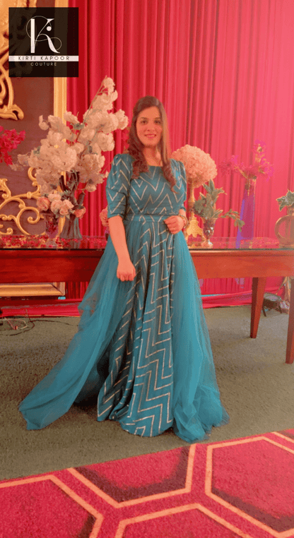 Elegant Wedding Dress - Teal Color With Gold Zig - zag - Kirti Kapoor Couture