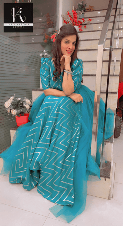 Elegant Wedding Dress - Teal Color With Gold Zig - zag - Kirti Kapoor Couture
