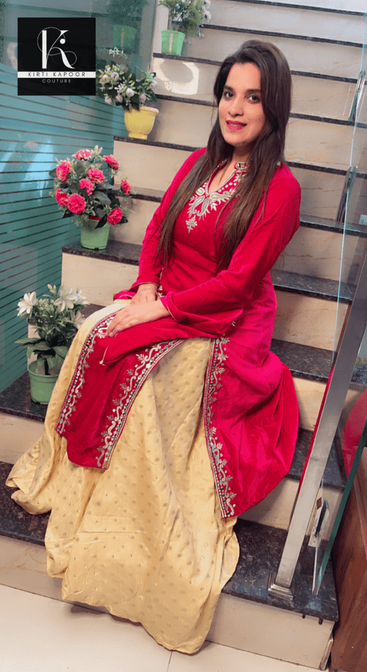 Embroidered Hot - Pink shirt with Brocade Skirt - Kirti Kapoor Couture