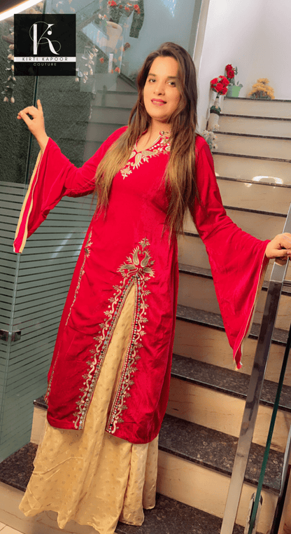 Embroidered Hot - Pink shirt with Brocade Skirt - Kirti Kapoor Couture