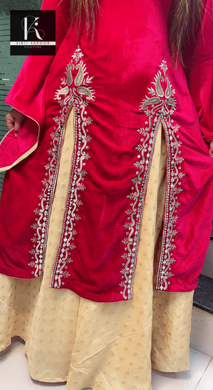 Embroidered Hot - Pink shirt with Brocade Skirt - Kirti Kapoor Couture