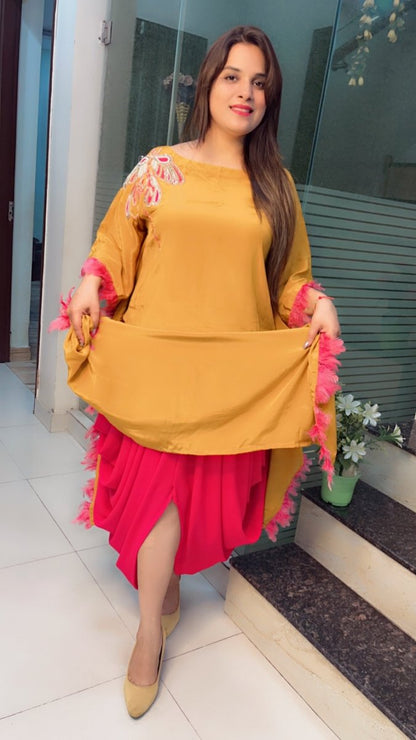 Embroidered Mustard Kaftan with Designer Dhoti - Kirti Kapoor Couture