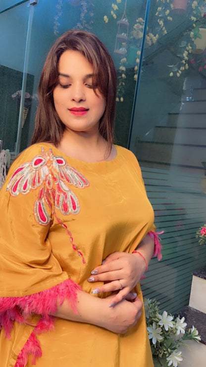Embroidered Mustard Kaftan with Designer Dhoti - Kirti Kapoor Couture