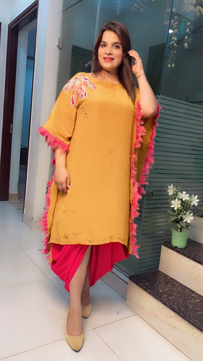 Embroidered Mustard Kaftan with Designer Dhoti - Kirti Kapoor Couture