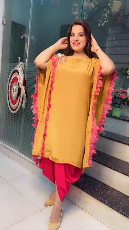 Embroidered Mustard Kaftan with Designer Dhoti - Kirti Kapoor Couture