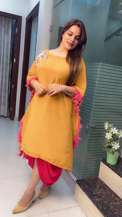 Embroidered Mustard Kaftan with Designer Dhoti - Kirti Kapoor Couture