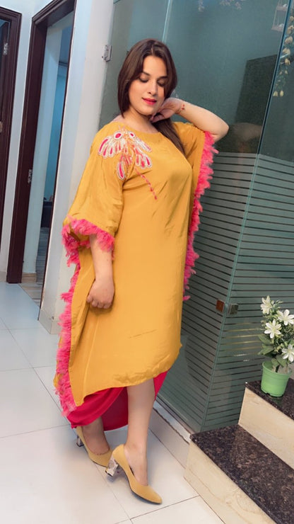 Embroidered Mustard Kaftan with Designer Dhoti - Kirti Kapoor Couture