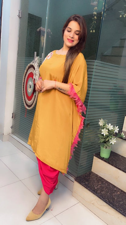 Embroidered Mustard Kaftan with Designer Dhoti - Kirti Kapoor Couture