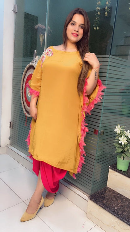 Embroidered Mustard Kaftan with Designer Dhoti - Kirti Kapoor Couture