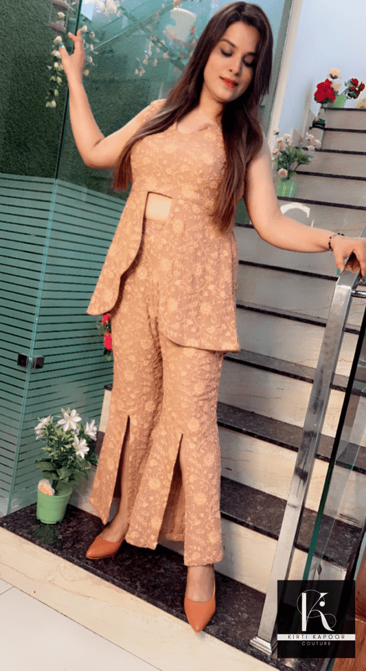 Fawn Shaded Two - Piece Peplum Style Outfit - Kirti Kapoor Couture