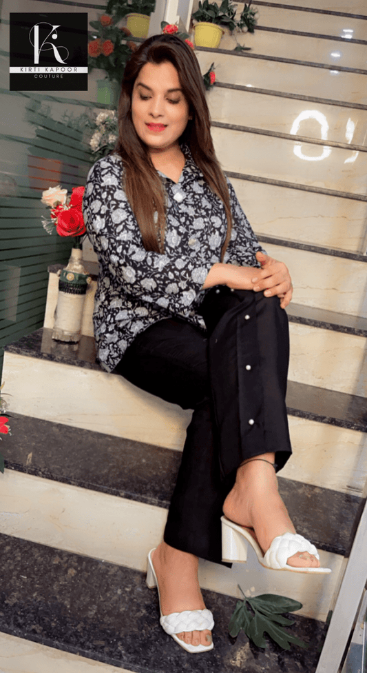 Floral Printed Shirt with Pearl - Worked Pant - Kirti Kapoor Couture