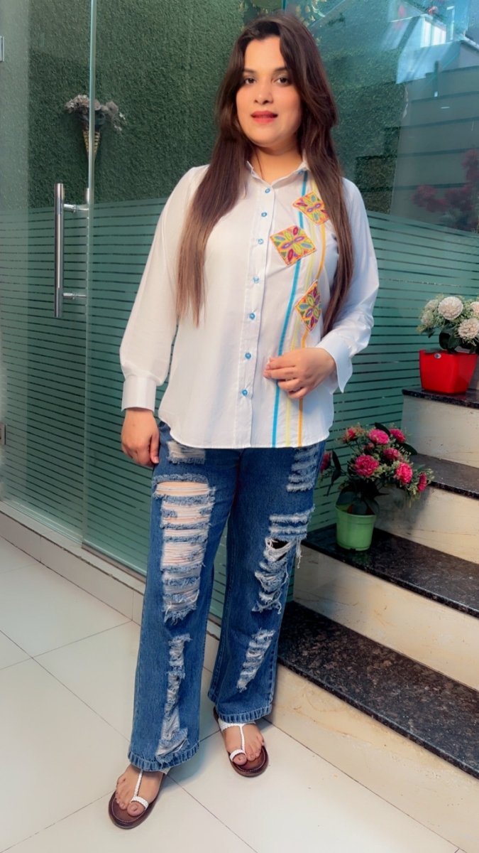 Formal Cotton Shirt with Multi - Coloured Embroidered Patching - Kirti Kapoor Couture