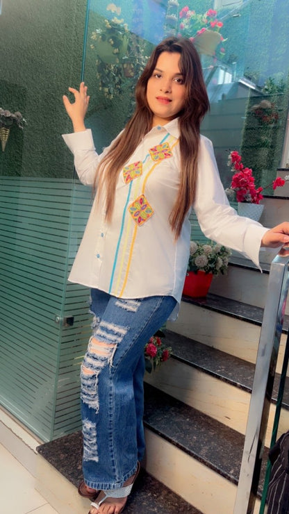 Formal Cotton Shirt with Multi - Coloured Embroidered Patching - Kirti Kapoor Couture