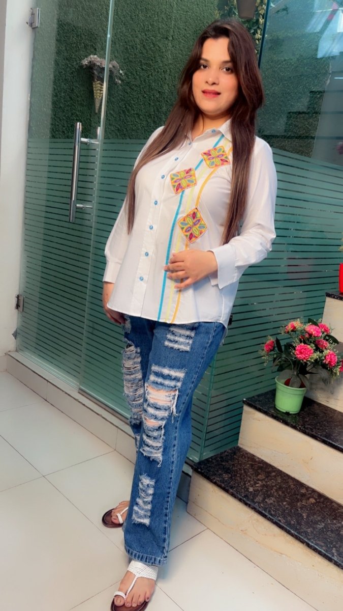 Formal Cotton Shirt with Multi - Coloured Embroidered Patching - Kirti Kapoor Couture