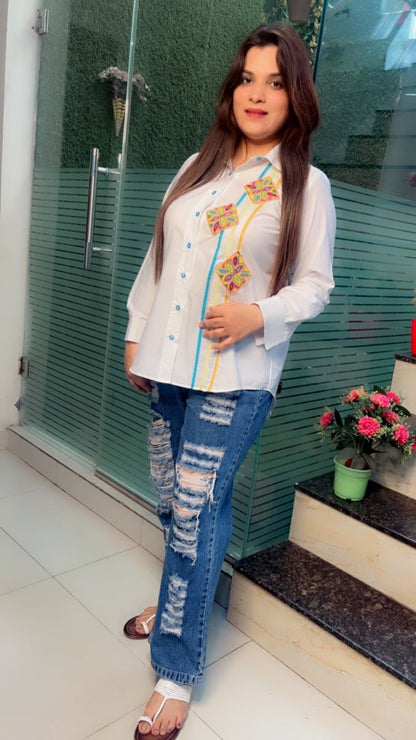 Formal Cotton Shirt with Multi - Coloured Embroidered Patching - Kirti Kapoor Couture